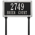 Rectangle Shape Double Line Address Plaque with a Black & White Finish, Standard Lawn with Two Lines of Text