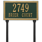 Rectangle Shape Double Line Address Plaque with a Green & Gold Finish, Standard Lawn with Two Lines of Text