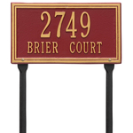 Rectangle Shape Double Line Address Plaque with a Red & Gold Finish, Standard Lawn with Two Lines of Text