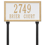 Rectangle Shape Double Line Address Plaque with a White & Gold Finish, Standard Lawn with Two Lines of Text