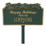 Happy Holidays Yard Sign with Santa's Sleigh on Top with One Line of Text, Finished Green & Gold