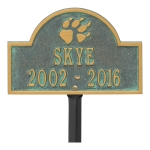 Bronze Verdigris Dog Paw Arch Lawn Memorial Marker on a Yard Stake