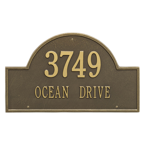 Arch Marker Address Plaque with a Antique Brass Finish, Estate Wall Mount with Two Lines of Text