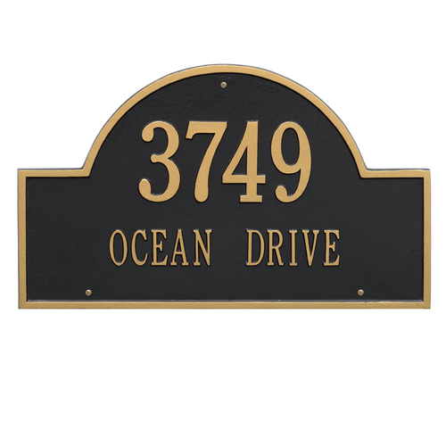 Arch Marker Address Plaque with a Black & Gold Finish, Estate Wall Mount with Two Lines of Text