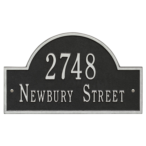 Arch Marker Address Plaque with a Black & Silver Finish, Standard Wall Mount with Two Lines of Text