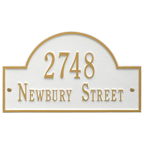 Arch Marker Address Plaque with a White & Gold Finish, Standard Wall Mount with Two Lines of Text