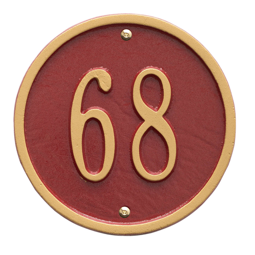 6 in. Round Red & Gold Wall Number Plaque with One Line of Text