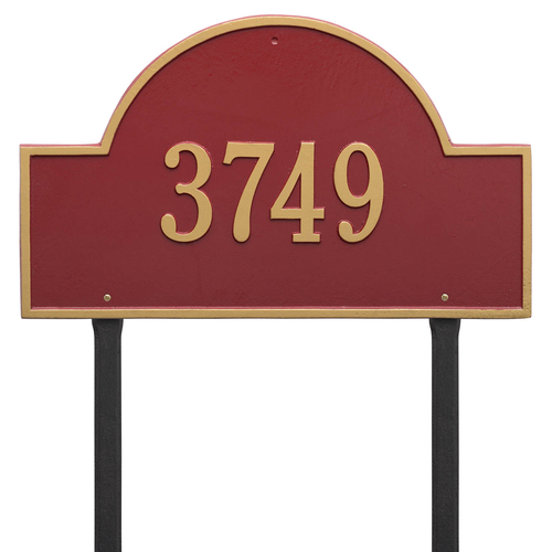 Arch Marker Address Plaque with a Red & Gold Finish, Estate Lawn Size with One Line of Text