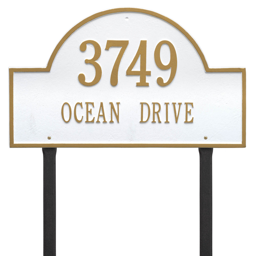 Arch Marker Address Plaque with a White & Gold Finish, Estate Lawn with Two Lines of Text
