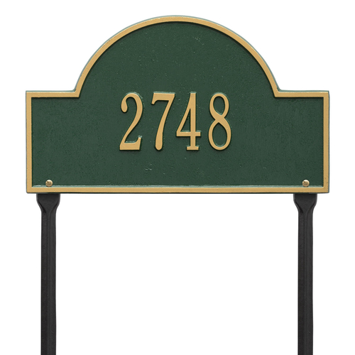 Arch Marker Address Plaque with a Green & Gold Finish, Standard Lawn Size with One Line of Text