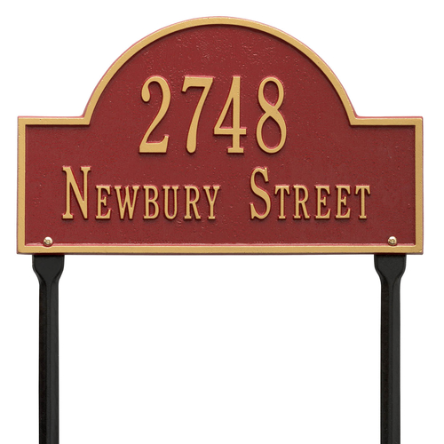 Arch Marker Address Plaque with a Red & Gold Finish, Standard Lawn with Two Lines of Text