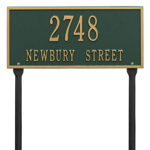 Hartford Address Plaque with a Green & Gold Finish, Standard Lawn with Two Lines of Text