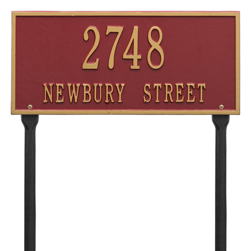 Hartford Address Plaque with a Red & Gold Finish, Standard Lawn with Two Lines of Text