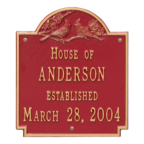 Cardinal Wedding Plaque Red & Gold Finish, Standard Wall Mount with Two Lines of Text