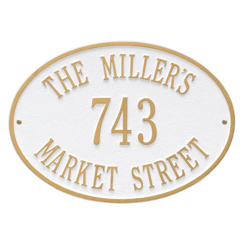 Hawthorne Oval Address Plaque with a White & Gold Finish, Standard Wall with Three Lines of Text