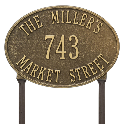 Hawthorne Oval Address Plaque with a Antique Brass Finish, Standard Lawn with Three Lines of Text