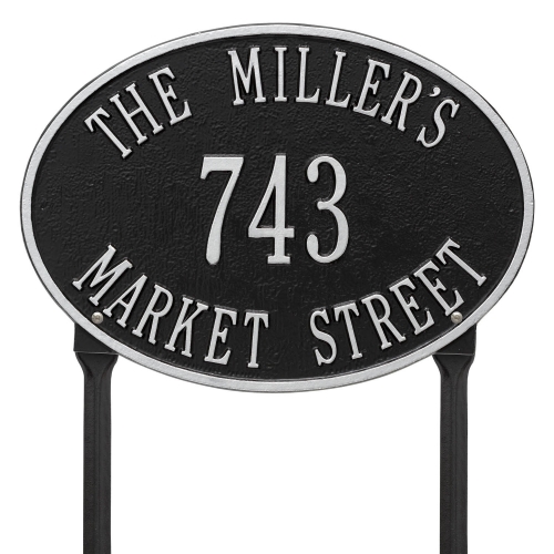 Hawthorne Oval Address Plaque with a Black & Silver Finish, Standard Lawn with Three Lines of Text