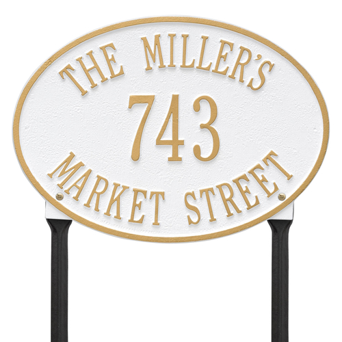 Hawthorne Oval Address Plaque with a White & Gold Finish, Standard Lawn with Three Lines of Text