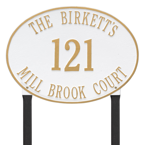 Hawthorne Oval Address Plaque with a White & Gold Finish, Estate Lawn with Three Lines of Text