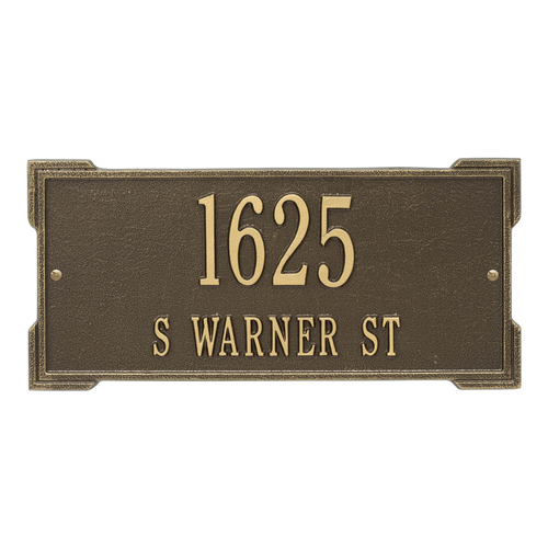 Rectangle Shape Address Plaque Named Roanoke with a Antique Brass Finish, Standard Wall with Two Lines of Text