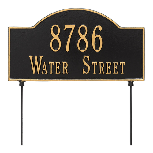 Two sided Arched Rectangle Shape Address Plaque with a Black & Gold Finish, Standard Lawn with Two Lines of Text
