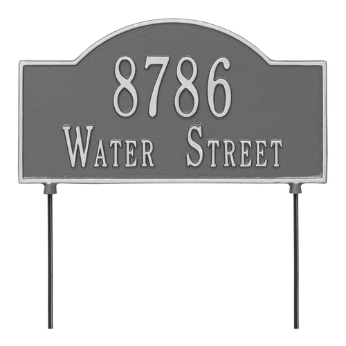Two sided Arched Rectangle Shape Address Plaque with a Pewter & Silver Finish, Standard Lawn with Two Lines of Text