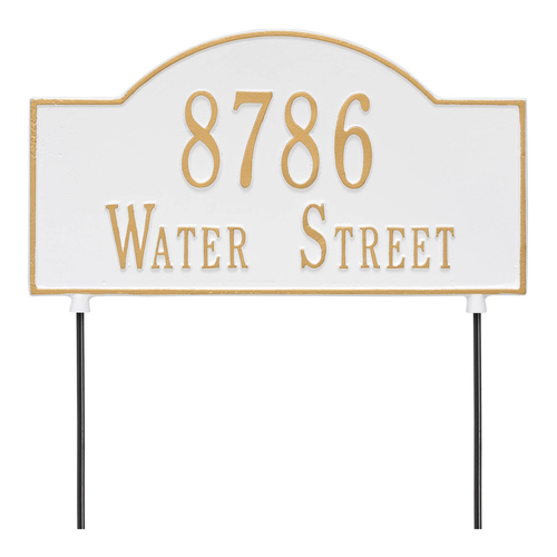Two sided Arched Rectangle Shape Address Plaque with a White & Gold Finish, Standard Wall with Two Lines of Text