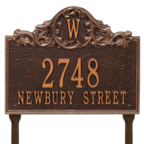 Rectangle Address Plaque with Acanthus surrounding your Monogram with a Lawn Antique Copper Finish