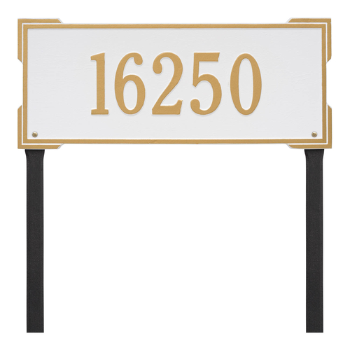 The Roanoke Rectangle Address Plaque with a White & Gold Finish, Estate Lawn with One Line of Text