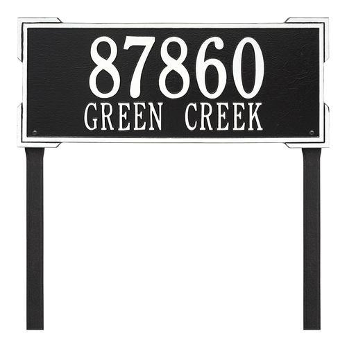 The Roanoke Rectangle Address Plaque with a Black & White Finish, Estate Lawn with Two Lines of Text