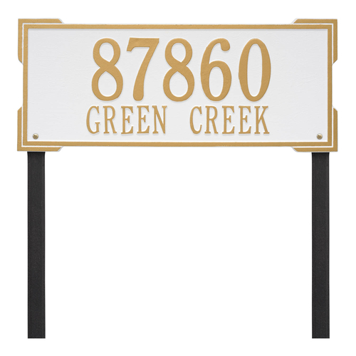 The Roanoke Rectangle Address Plaque with a White & Gold Finish, Estate Lawn with Two Lines of Text