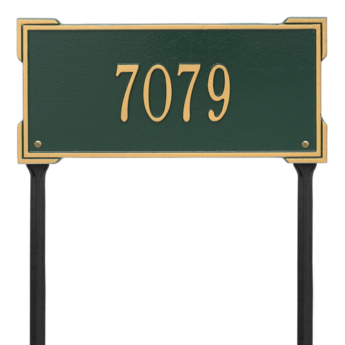 The Roanoke Rectangle Address Plaque with a Green & Gold Finish, Standard Lawn with One Line of Text