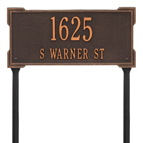 The Roanoke Rectangle Address Plaque with a Oil Rubbed Bronze Finish, Standard Lawn with Two Lines of Text