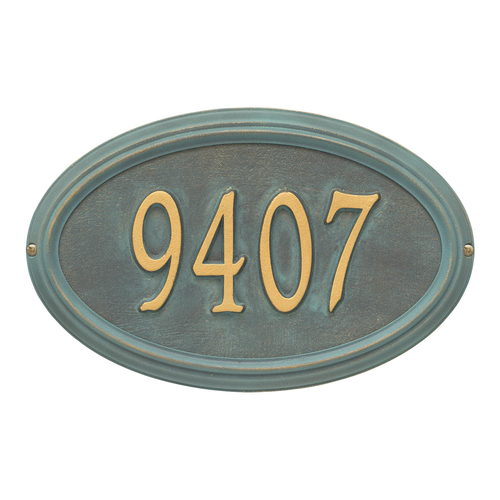 The Concord Raised Border Oval Shape Address Plaque with a Bronze & Verdigris Finish, Standard Wall with One Line of Text