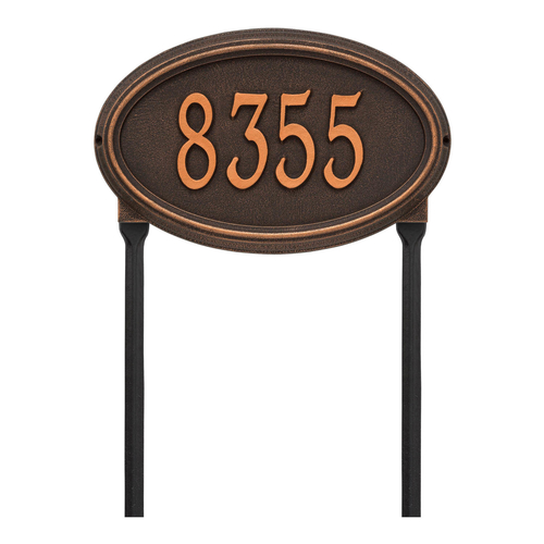 The Concord Raised Border Oval Shape Address Plaque with a Oil Rubbed Bronze Finish, Standard Lawn with One Line of Text