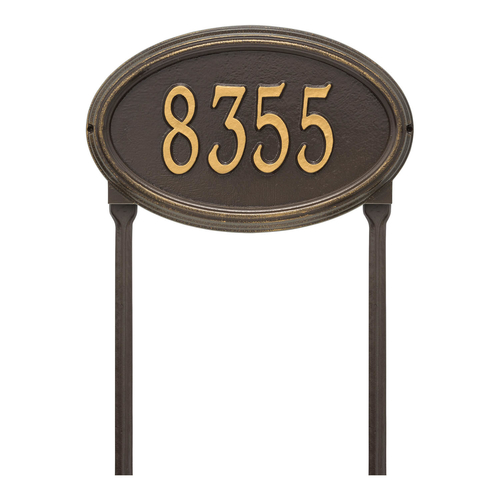 The Concord Raised Border Oval Shape Address Plaque with a Bronze & Gold Finish, Standard Lawn with One Line of Text