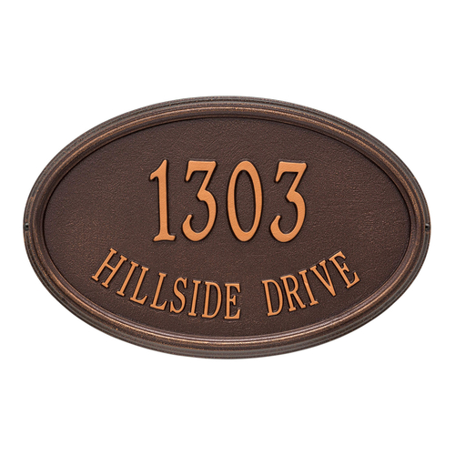 The Concord Raised Border Oval Shape Address Plaque with a Antique Copper Finish, Estate Wall with Two Lines of Text