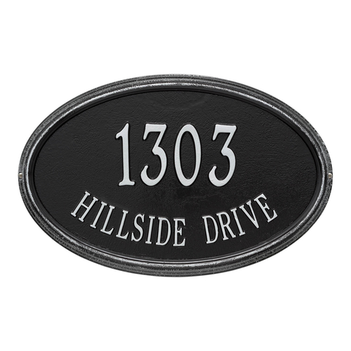 The Concord Raised Border Oval Shape Address Plaque with a Black & Silver Finish, Estate Wall with Two Lines of Text