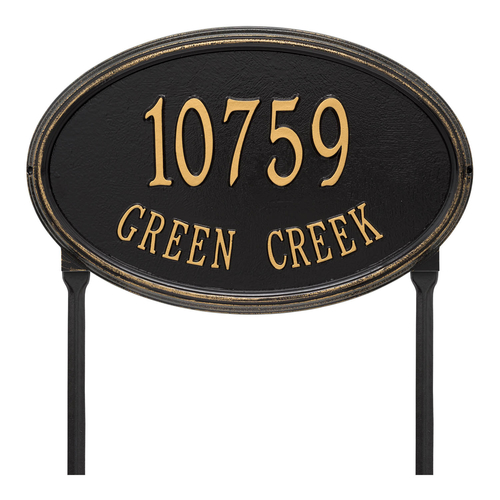 The Concord Raised Border Oval Shape Address Plaque with a Black & Gold Finish, Estate Lawn with Two Lines of Text