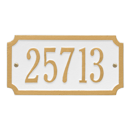 A Rectangle Address Plaque with Corners Cut Off with a White & Gold Finish, Standard Wall with One Line of Text