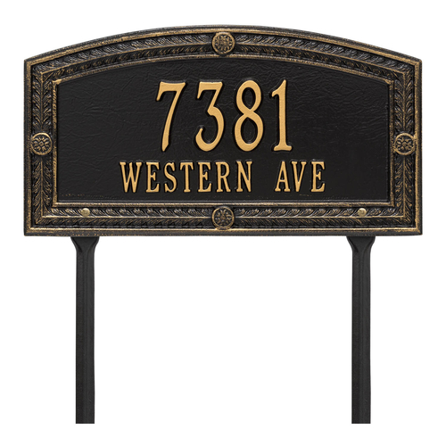 A Rectangle Arched Address Plaque with a Feather Boarder with a Black & Gold Finish, Standard Lawn with Two Lines of Text