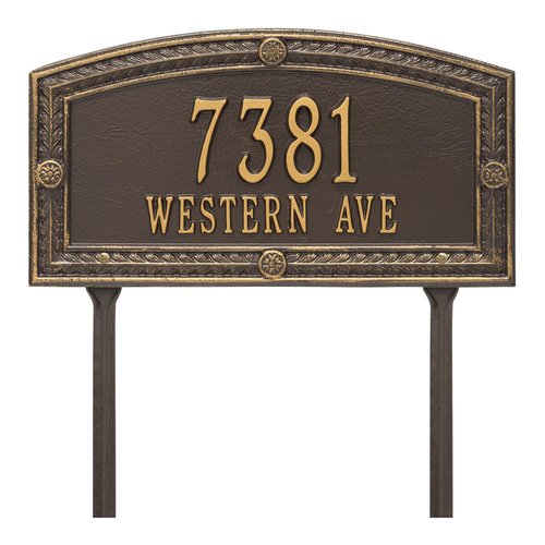 A Rectangle Arched Address Plaque with a Feather Boarder with a Bronze & Gold Finish, Standard Lawn with Two Lines of Text