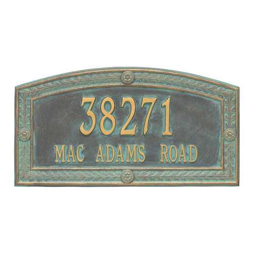 A Rectangle Arched Address Plaque with a Feather Boarder with a Bronze & Verdigris Finish, Estate Wall with Two Lines of Text