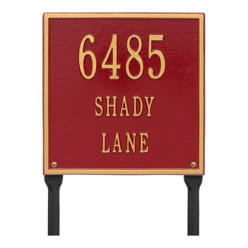 Personalized Square Red & Gold Finish, Standard Lawn with Three Lines of Text