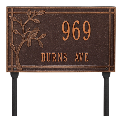 Personalized Woodridge Bird Antique Copper Finish, Standard Lawn with Two Lines of Text
