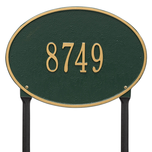 Hawthorne Oval Address Plaque with a Green & Gold Finish, Standard Lawn Size with One Line of Text