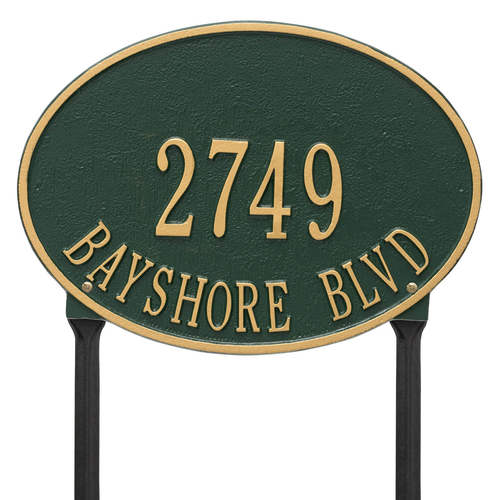Hawthorne Oval Address Plaque with a Green & Gold Finish, Standard Lawn with Two Lines of Text