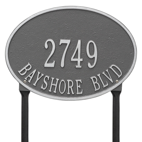 Hawthorne Oval Address Plaque with a Pewter & Silver Finish, Standard Lawn with Two Lines of Text