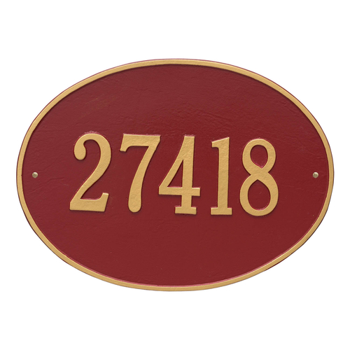 Hawthorne Oval Address Plaque with a Red & Gold Finish, Estate Wall Mount with One Line of Text