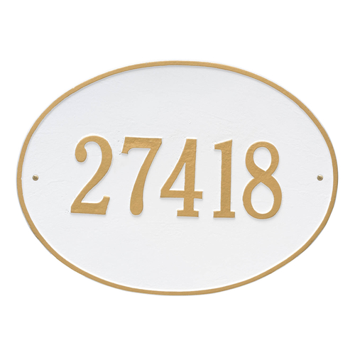 Hawthorne Oval Address Plaque with a White & Gold Finish, Estate Wall Mount with One Line of Text